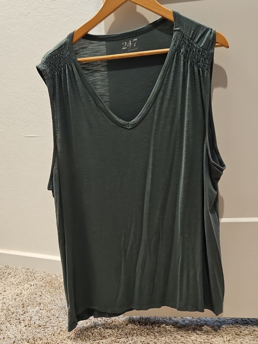 247 Women's V-Neck Shirred Shoulder Tank Top in Olive Green